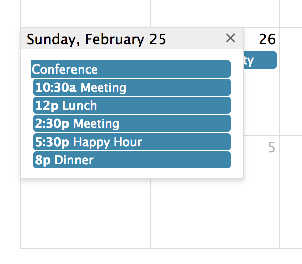 Screenshot: Event popover when too many events