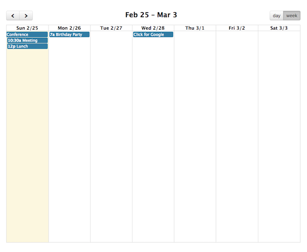 Screenshot: dayGridDay and dayGridWeek views